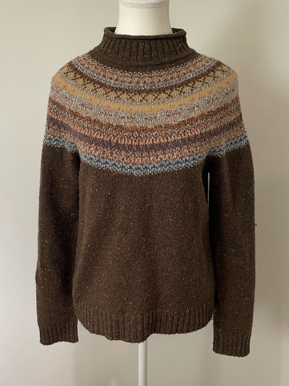 Vintage Evan Picone Roll Neck Sweater Brown Fairisle Neutral Size Small